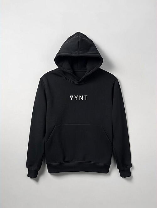 Black hoodie with 'VYNT' logo on a light gray background